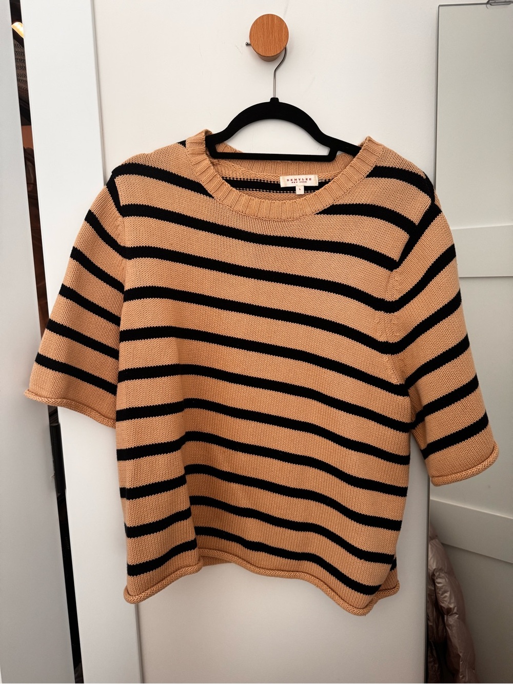 Anthropologie Striped Short-Sleeve Knit Sweater in Tan and Black